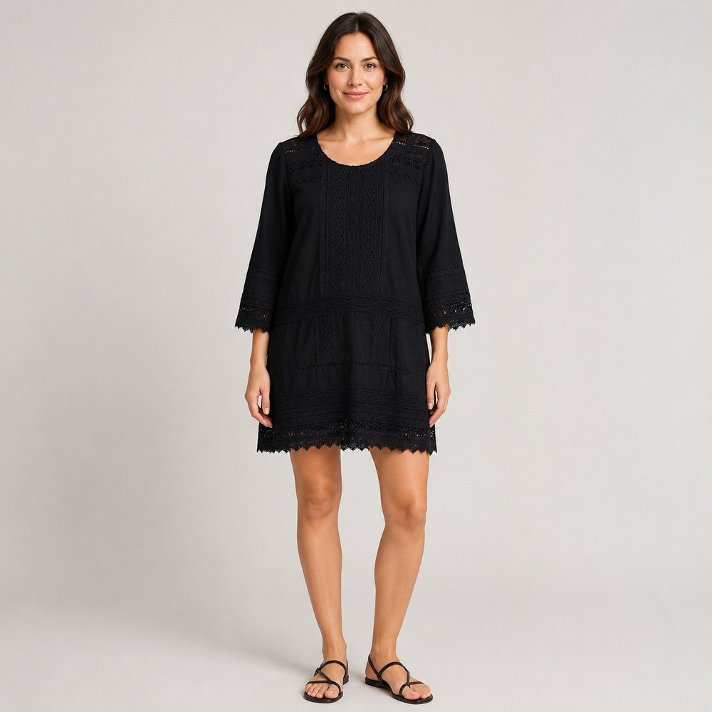 Peruvian Connection Black Cotton Linen Crochet Lace Tunic Dress Womens Size 10